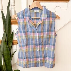 Edy Womens Plaid Sleeveless Button-Down Top Blouse Blue Cotton Spread Collar